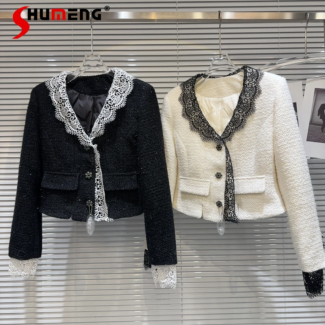 

Женское твидовое короткое пальто, модное утепленное элегантное пальто с длинным рукавом и кружевной прострочкой на подкладке, зима 2023