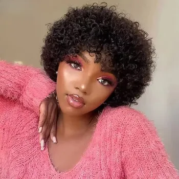Parrucca Bob Ricci Corti Effetto Pixie Morbido, Realizzata a Macchina, Capelli Umani con Frangia, Stile Voluminoso, 100% Capelli Veri, Senza Colla, Senza Pizzo, Per Uso Quotidiano
