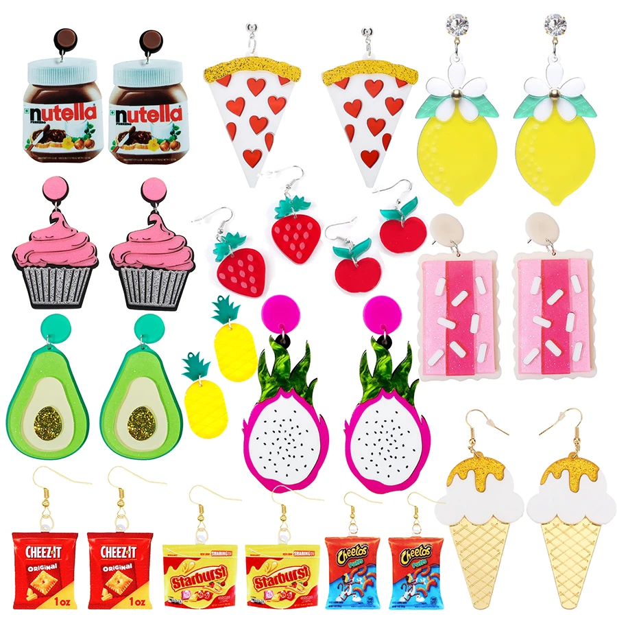 

Cute Earrings For Women Cartoon Drop Earrings Gift Ice Cream Biscuit Lemon Avocado Pizza Strawberry Pitaya