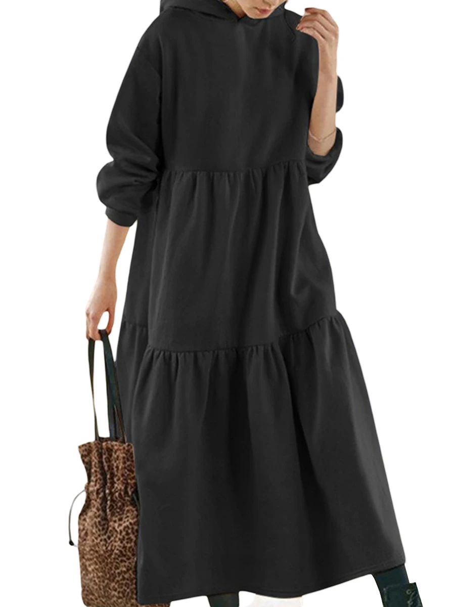 

Женское длинное платье с длинным рукавом, однотонное свободное Повседневное платье-качели Y2K, уличная одежда для осени и зимы
