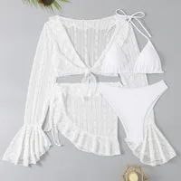 Women's 4 Piece Bikini Halter Neck Triangle Set High Cut Bikini Lettuce Trim Swimsuit Bathing Suit Cover Up Set - Image 6