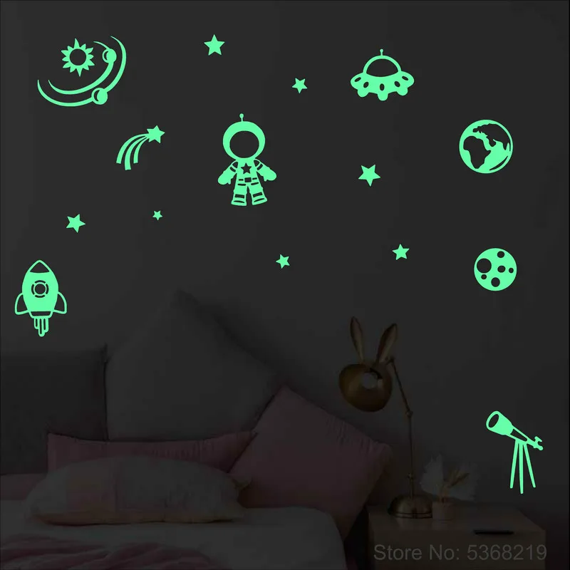 Universe Stickers Stars Spacecraft Astronaut Astronomical Telescope Space Rocket Kids Room Wall Ceiling Decoration Glow Stickers