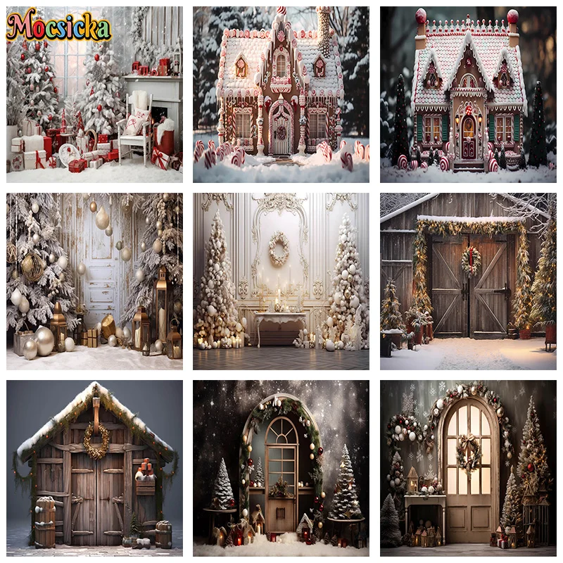 

Mocsicka Xmas Photography Background Christmas Tree Garland Log Cabin Backdrop New Year's Eve Birthday Party Kids Photo Studio