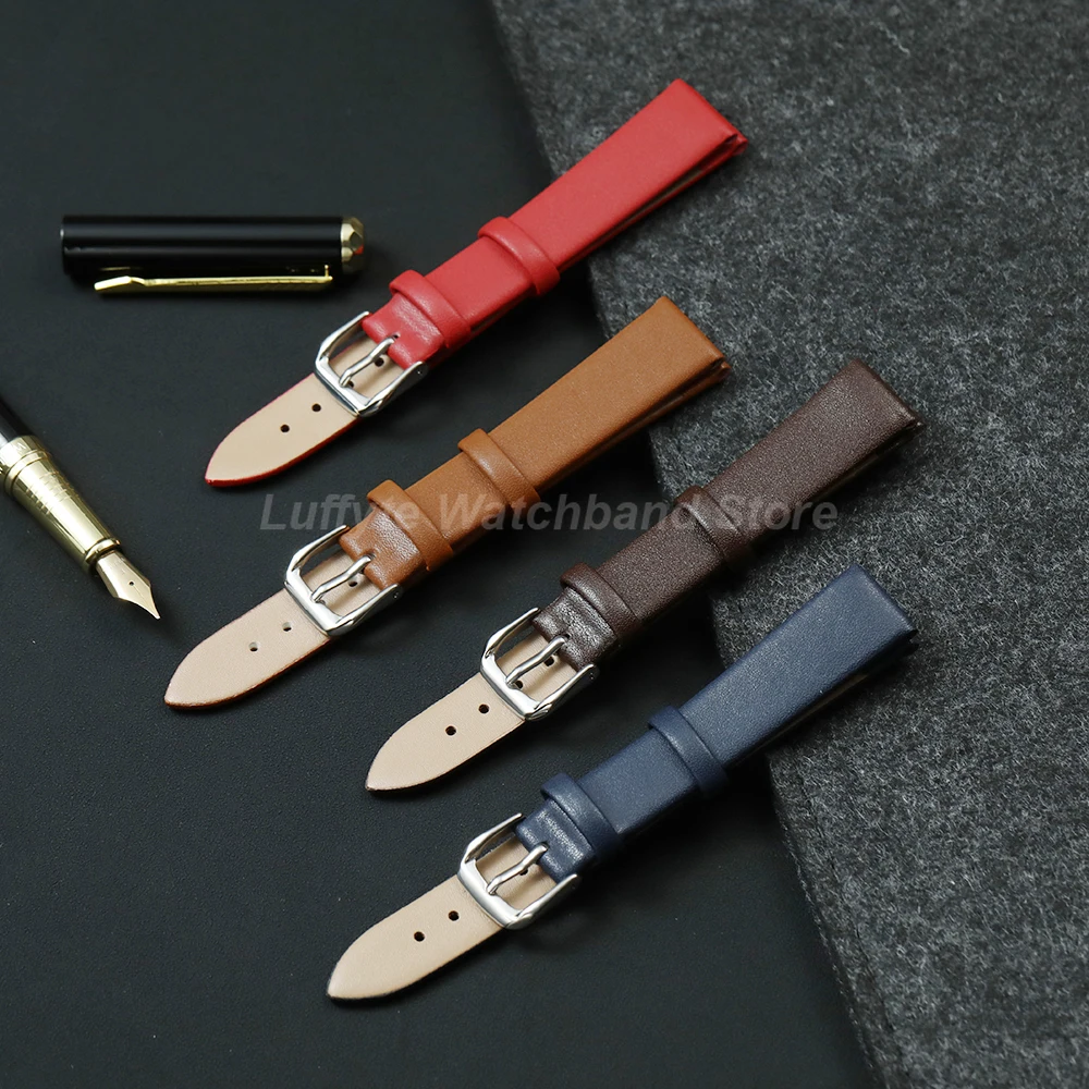 Elegant Women's Ultra-Thin Leather Watch Band - Soft & Comfortable in Black, Brown, Blue, Pink, and Green