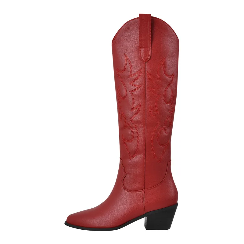 Prevently Western Cowboy Bottes mi-mollet avec broderie à lacets pour femme Mode bout pointu Talon bas, marron, 36 EU