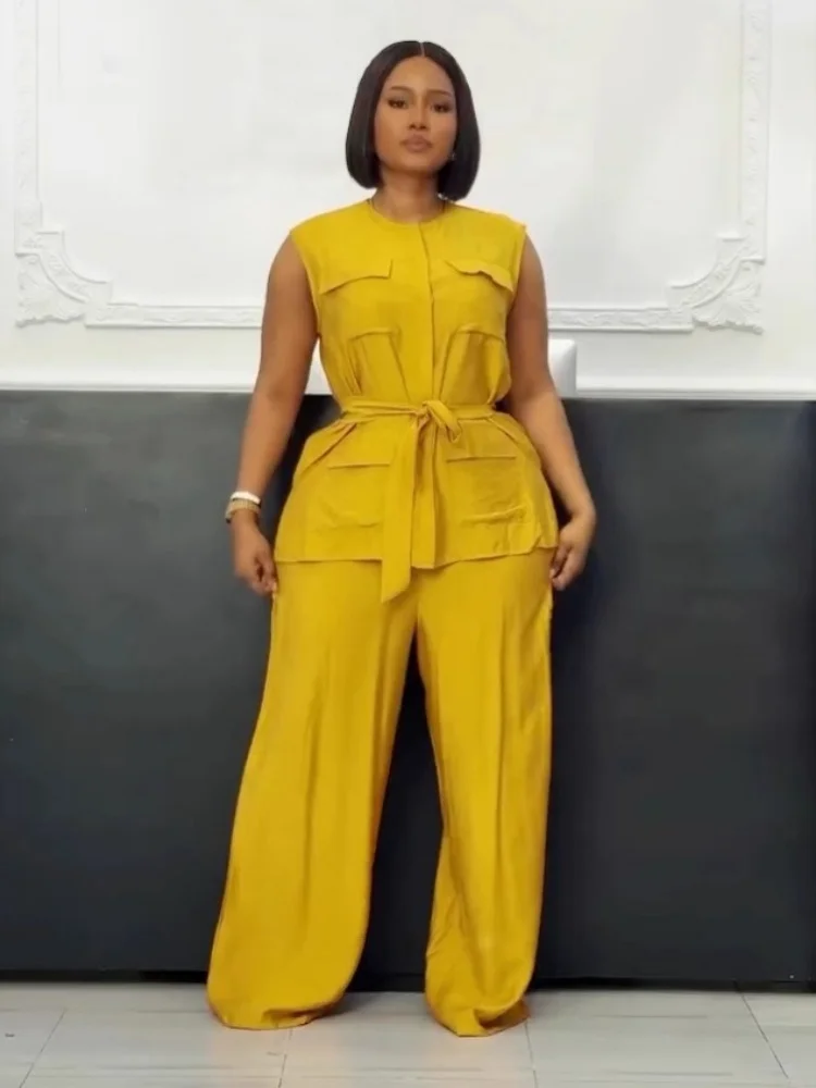 Wmstar 2025 Summer Elegant Casual Two Piece Set of Casual Round Neck Sleeveless Cardigan  Vest  Wide Leg Pants Solid Color