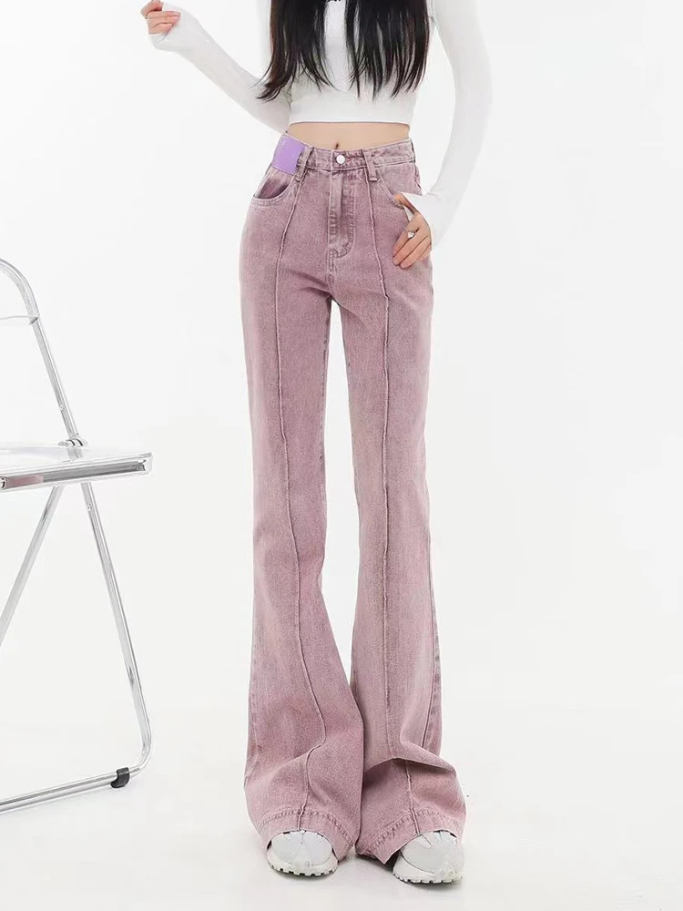 Vintage Purple Micro Flared Jeans High Waist Slim Casual Pants Loose Casual Denim Pants Green Trousers Pocket Zipper Up Trousers