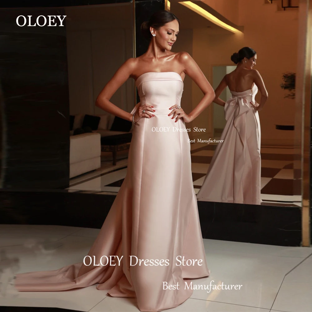 

OLOEY Blush Pink Satin Long Evening Dresses Strapless Bow Back Floor Length Wedding Party Dress Formal Prom Occasion Dress
