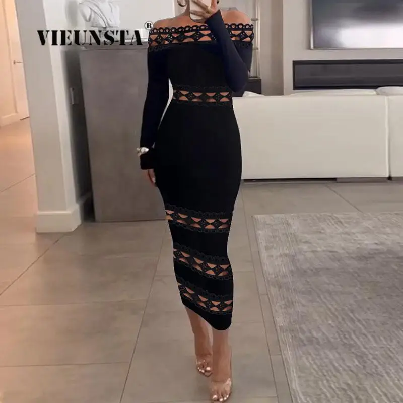 

2023 Lady Solid Slim Embroidery Maxi Dresses Autumn Fashion Hollow Out Waist Lace Dress Women Sexy Slash Neck Tight Party Dress
