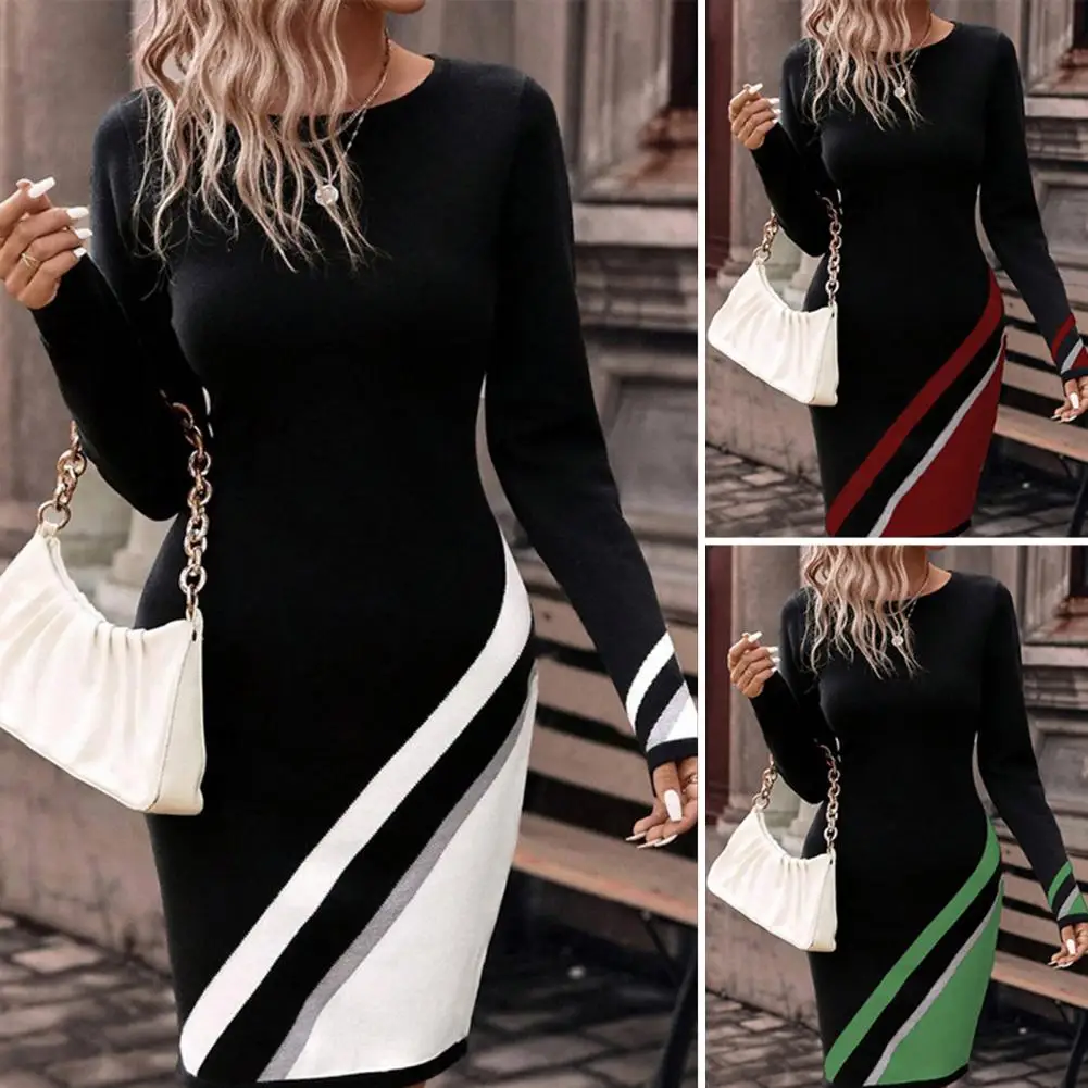 

Women Mini Dress Striped Print Mini Dress for Women Spring Autumn O-neck Long Sleeve Slim Fit Dress Streetwear Fashion Long