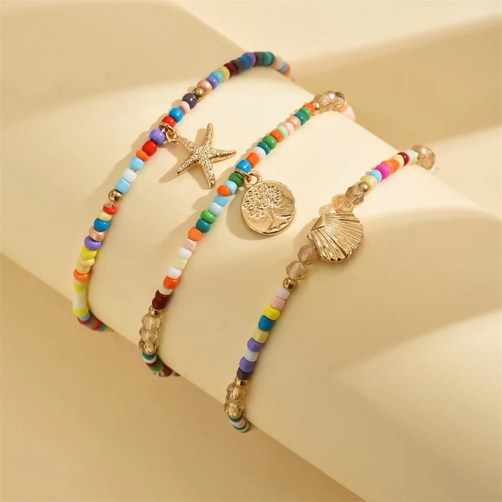 Cute Starfish Scallop Life Tree Pendant Anklets For Women 3pcs/set Rainbow Beads Foot Chains Beach Jewelry Summer Accessories