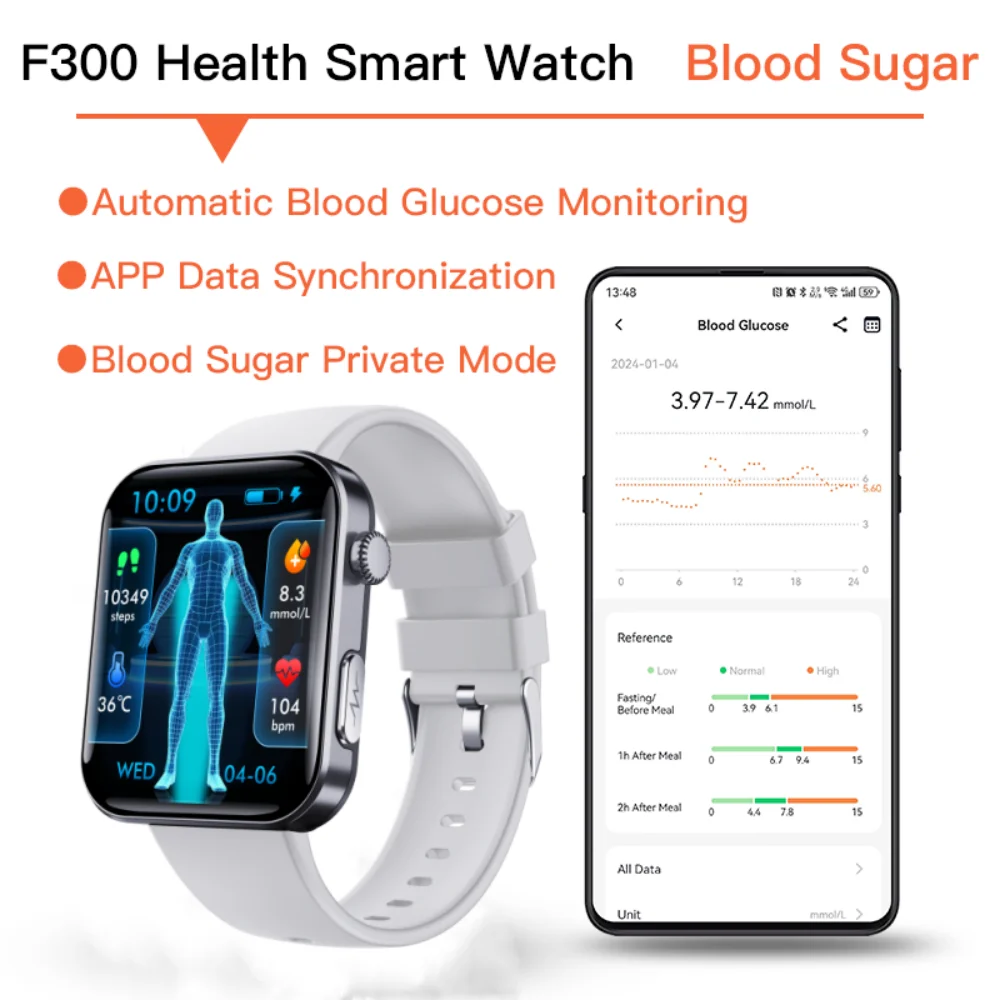Smart blood sugar watch 24h measurement of glucose blood pressure lipids uric acid ECG wireless Bluetooth APP Health care