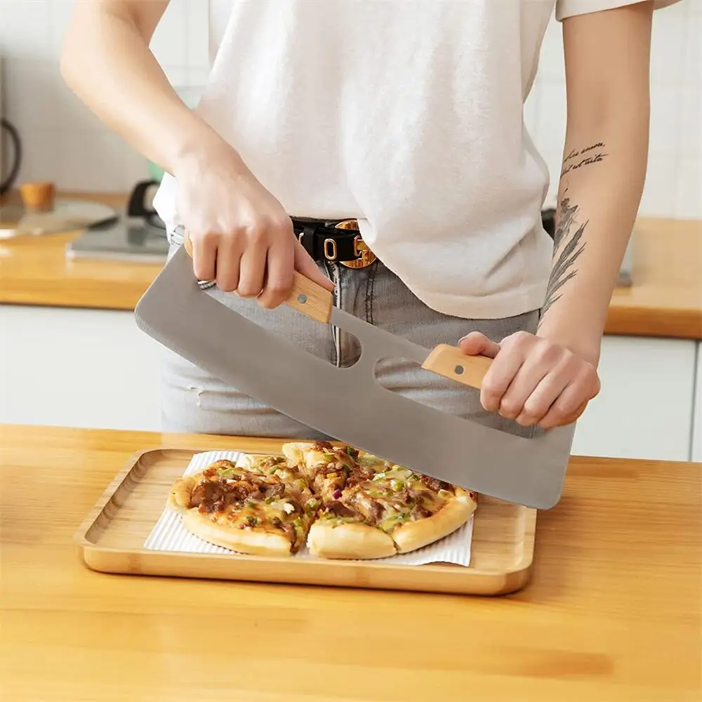 Stainless Steel Rocker Blade Wooden Handles Pizza Cutter Rocker With Cover Pizza Rocking Cutter Tools Mezzaluna Knife Kitchen