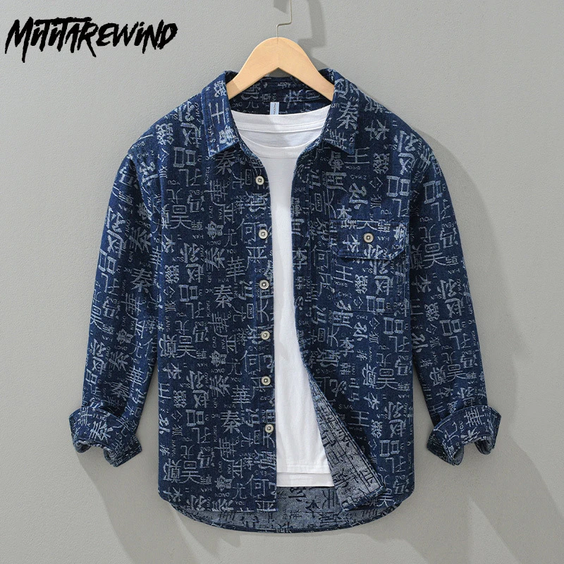 

Spring New Denim Shirt Men Trend Streetwear Chic Long Sleeve Men Tops Chinese Character Surnames Jacquard Blue Jean Shirt Casual