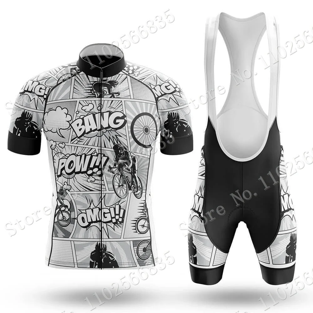 Cartoon Comic Bang Pow Cycling Jersey Set Short Sleeve Blue Clothing Men Road Bike Shirts Suit Bicycle Bib Pants Maillot