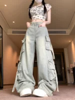 Women's Blue Multi Pocket Cowboy Pants Cargo Y2K Japanese Harajuku Streetwear Aesthetics Retro 90S Jeans Pants Clothing 2025 New - Image 3