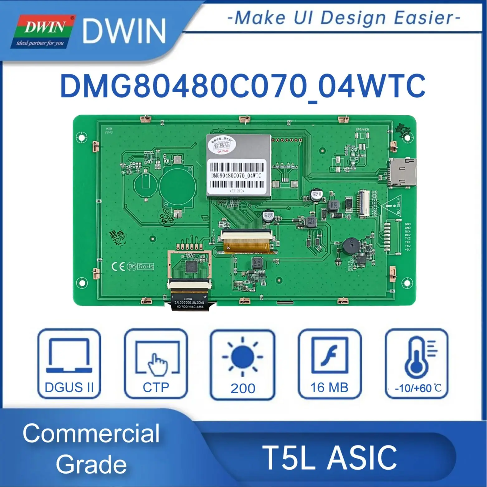 DWIN-Smart Touch Panel Screen, Display TFT, 800x480 RS232 TTL HMI, Módulo LCD de 7 polegadas, UART, 800x480, DMG80480C070-04W