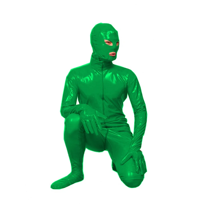 Glossy PVC Leather Zipper Zentai for Men, Masked Cosplay Catsuit, Full Body, Open Eyes, Mouth Jumpsuit, Halloween Costume