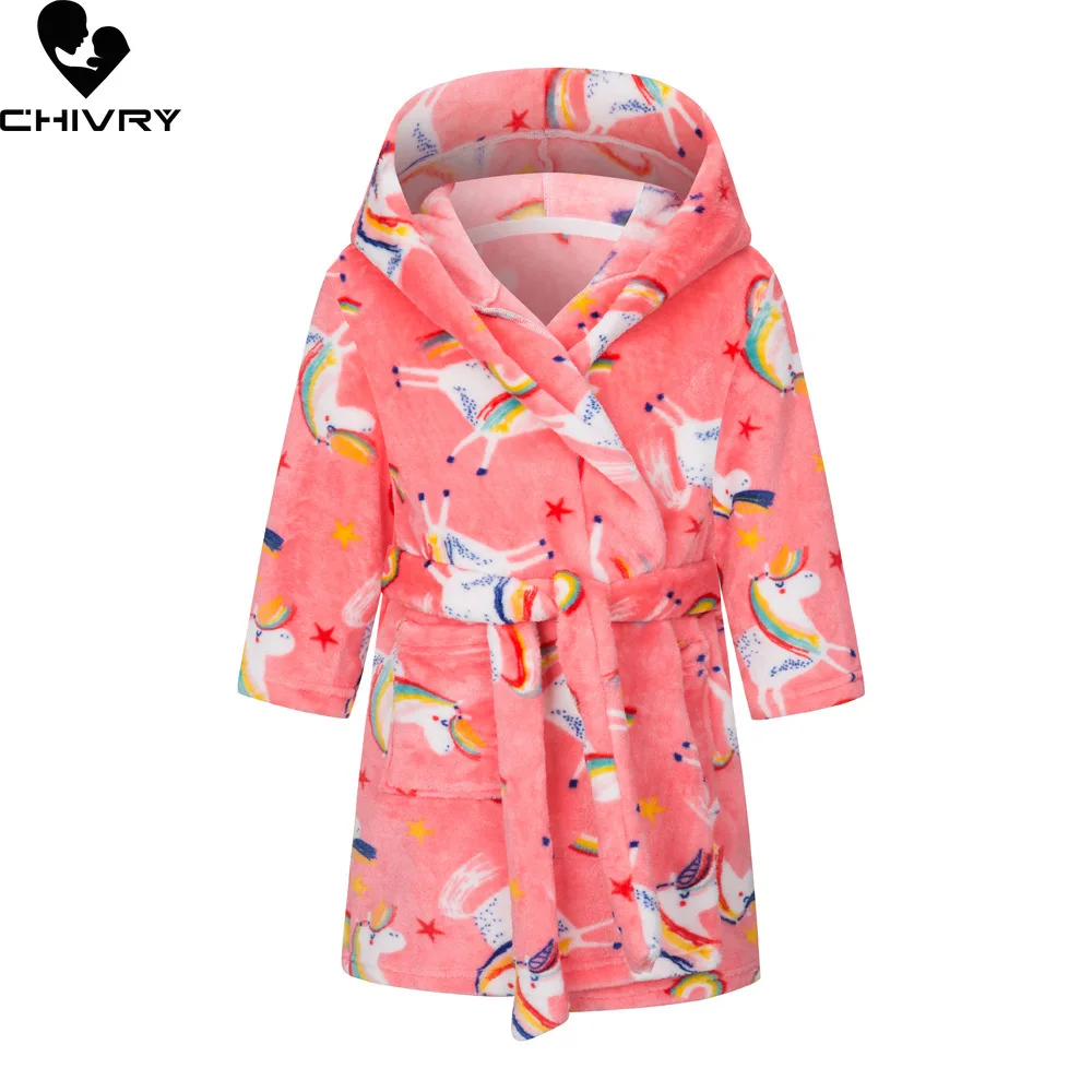 Kids Pajamas Set Flannel Pajamas Child Bathrobe Kids Robe New Autumn Winter Kids Hooded Flannel Bathrobe Baby Bath Robes Boys Girls Cute Cartoon Soft Warm Pajamas Long Sleeve Towel Robe