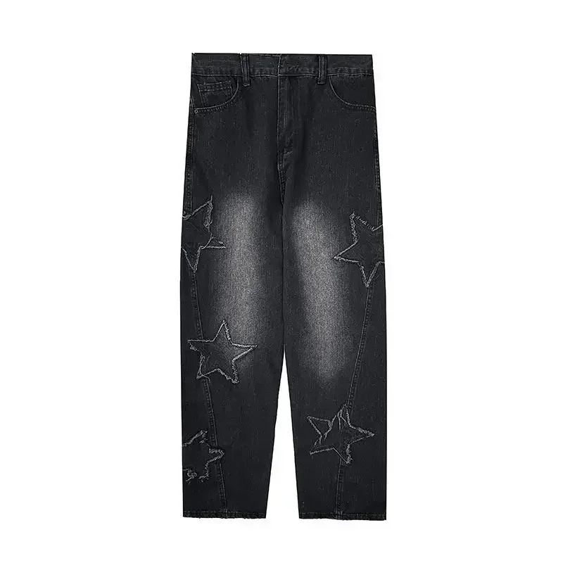 thumbnail image 1 of Pantalones vaqueros masculinos de pierna ancha, pantalones con estrellas, pantalones vaqueros gráficos de hip hop para hombres, rectos, negros, estéticos, primavera otoño, tallas XS, algodón, Kpop, 1 of 5