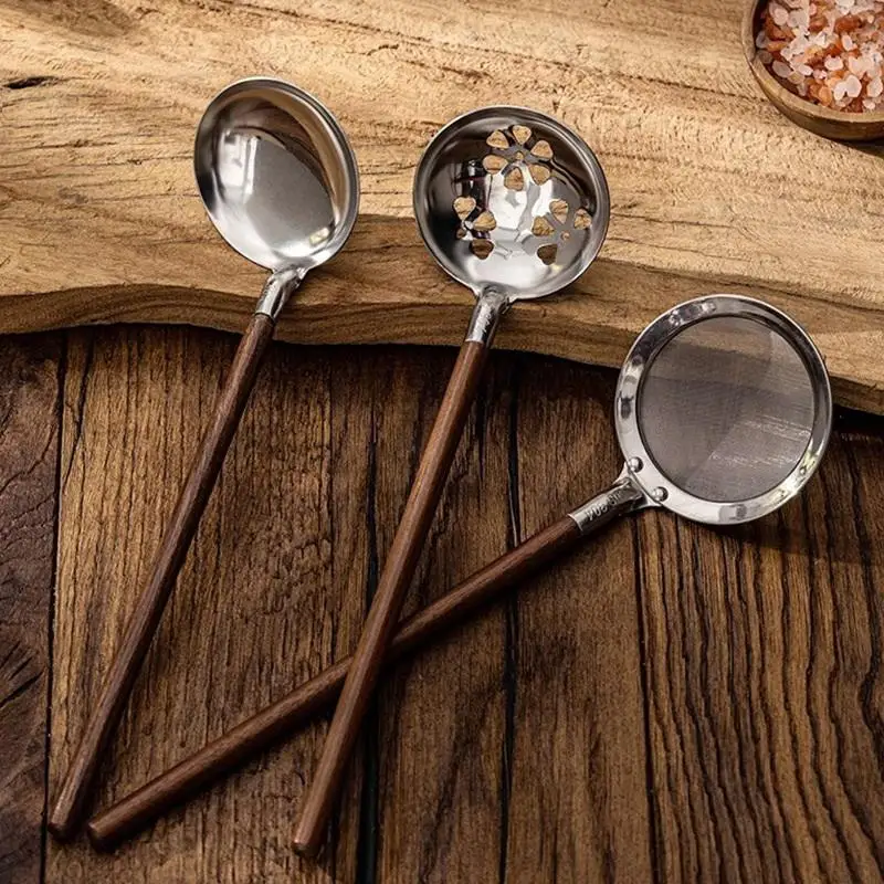 Walnut Handle Kitchen Tool 304 Stainless Steel Spatula Spoon Oil Filter Colander Kit Gadgets Anti-Scalding Cookware For Service