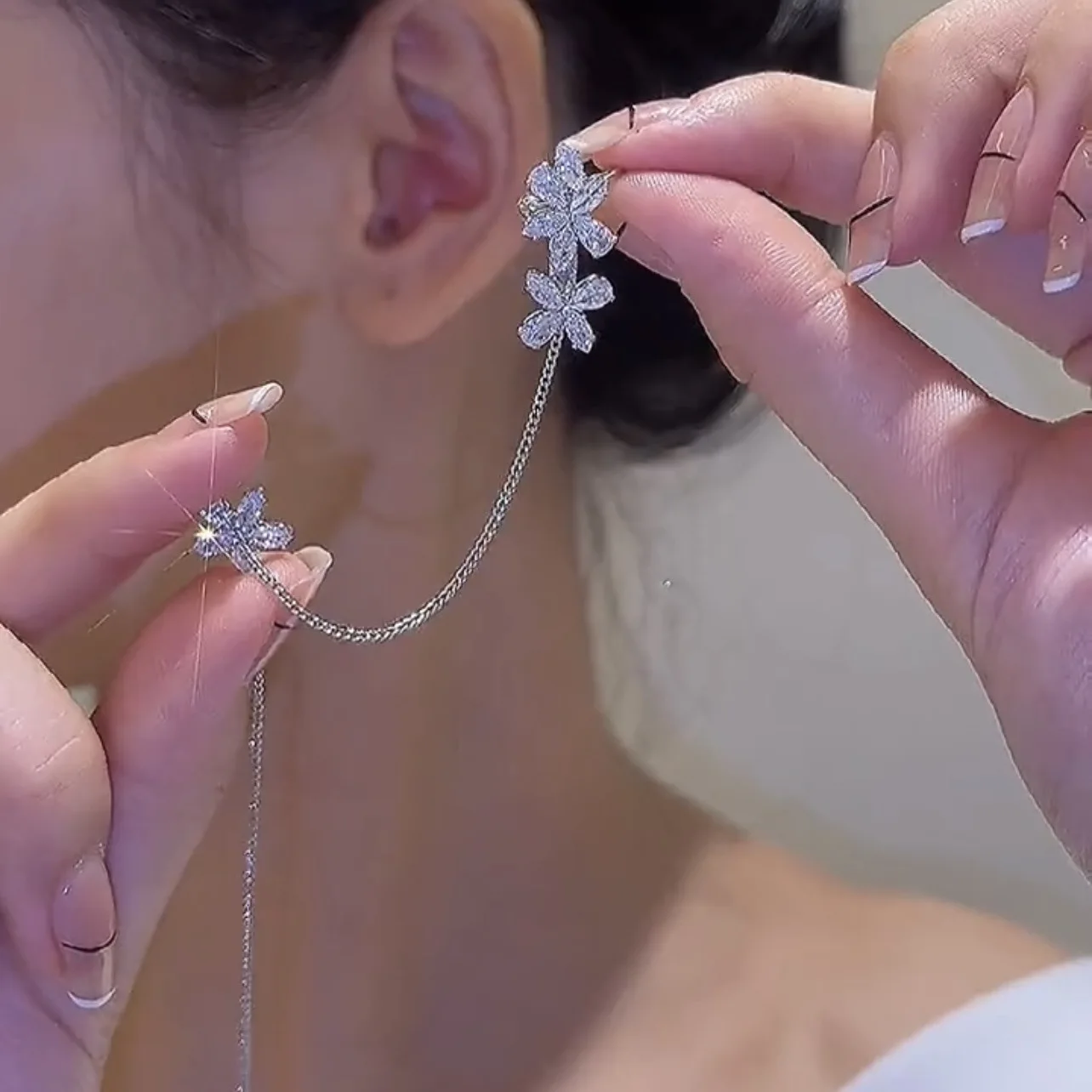 Ear Clip Earrings Clip Earrings Ear Clip Ear Accessories JWER Korea Silver Color Crystal Flower Clip Earrings For Women Simple Fake Cartilage Long Tassel Ear Cuff Jewelry Gifts