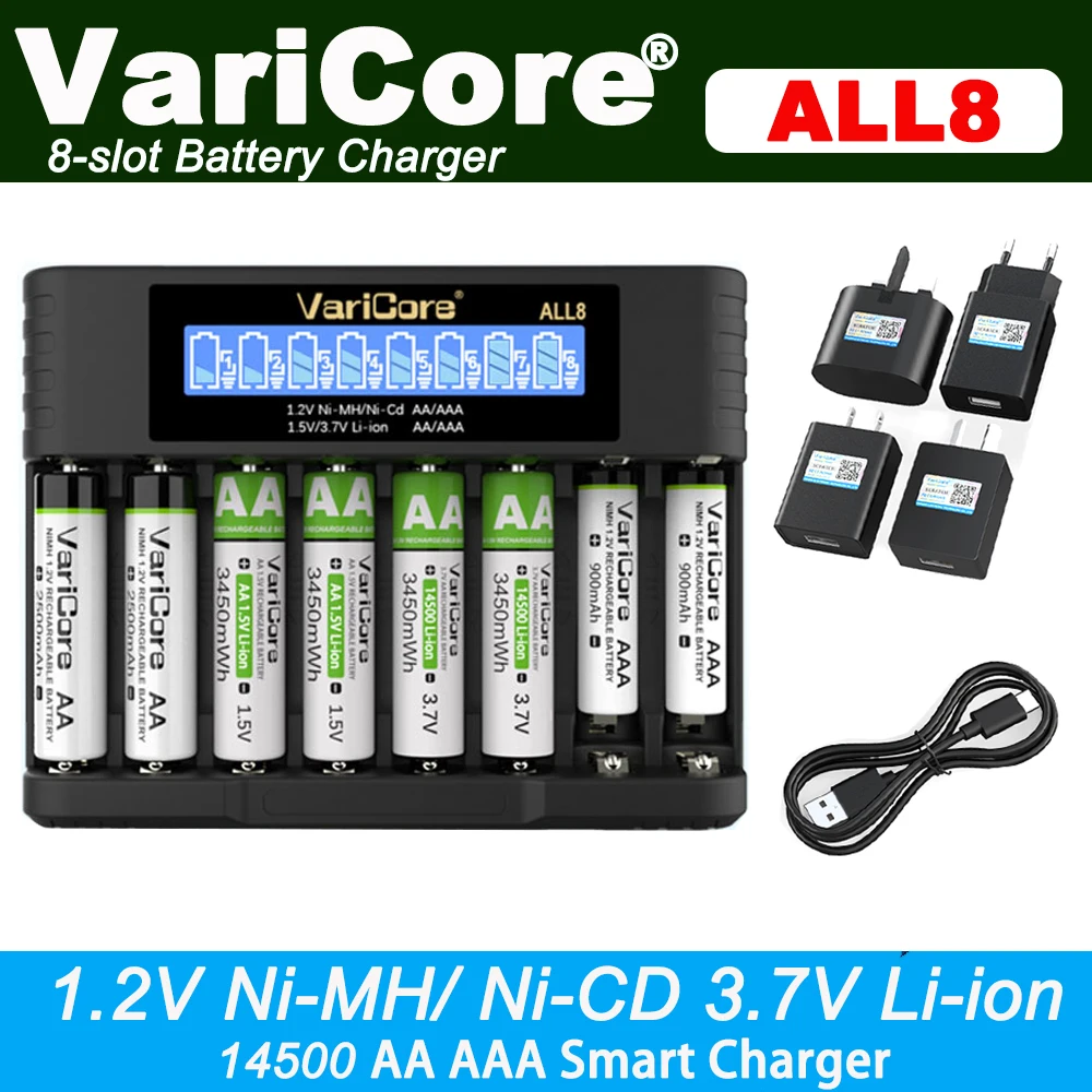 Battery Charger 2-12-slot Intelligent Portable For 3.7V 1.5v Lithium 18650 26650 21700 18500 18350 16340 1.2V NI-MH Ni-Cd AA AAA