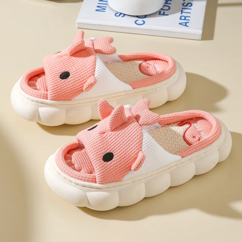Four Seasons Women Shark Linen Slippers Men Cute Animal Sandals Adults Indoor Bedroom Cartoon Slides Couples Outdoor Flip Flops 3