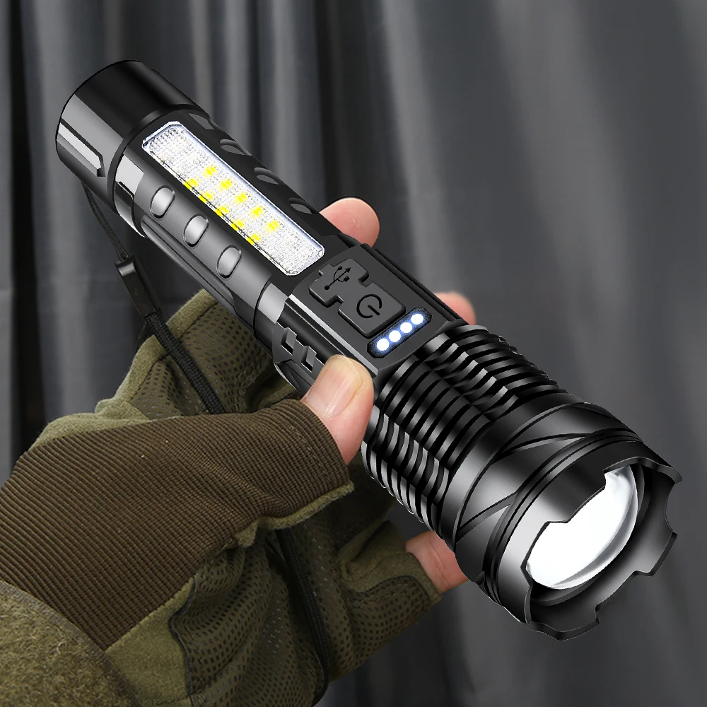 

Powerful LED Flashlight Portable USB Rechargeable Torch 7 Lighting Modes Zoomable Waterproof Outdoor Camping Supplies Light