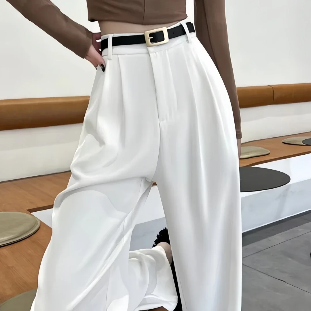 2025 ربيع وصيف جديد ارتفاع الخصر المرأة بنطال ذو قصة أرجل واسعة مع حزام عالية الخصر مستقيم عادية فضفاض طول الأرض السراويل الإناث