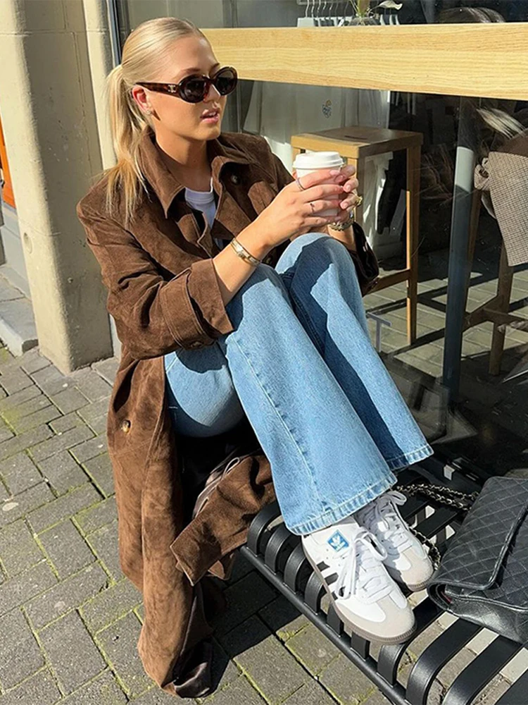 Brown Suede Leather Women Winter Coats With Belt Vintage Lapel Double Breasted Coat Ladies 2024 New High Street Trench Outerwear 5