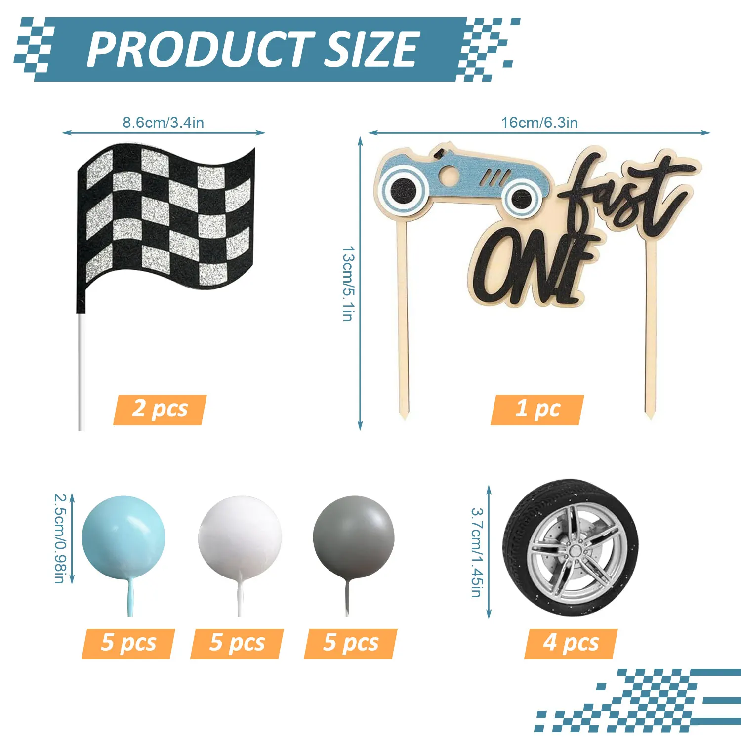 22 יחידות טופר לעוגת יומולדת מהירה - טופר לעוגת מכונית מירוץ מעץ, טופר לעוגת גלגל דגל, קישוטי מסיבת יומולדת לתינוק