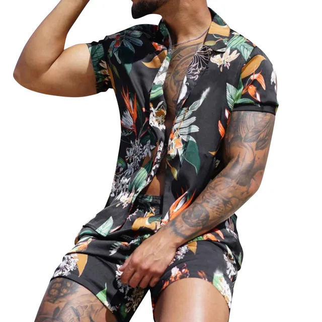 Men Hawaiian Sets 2022 Summer Short Sleeve Button Shirt Beach Shorts Streetwear Casual Mens Suit M