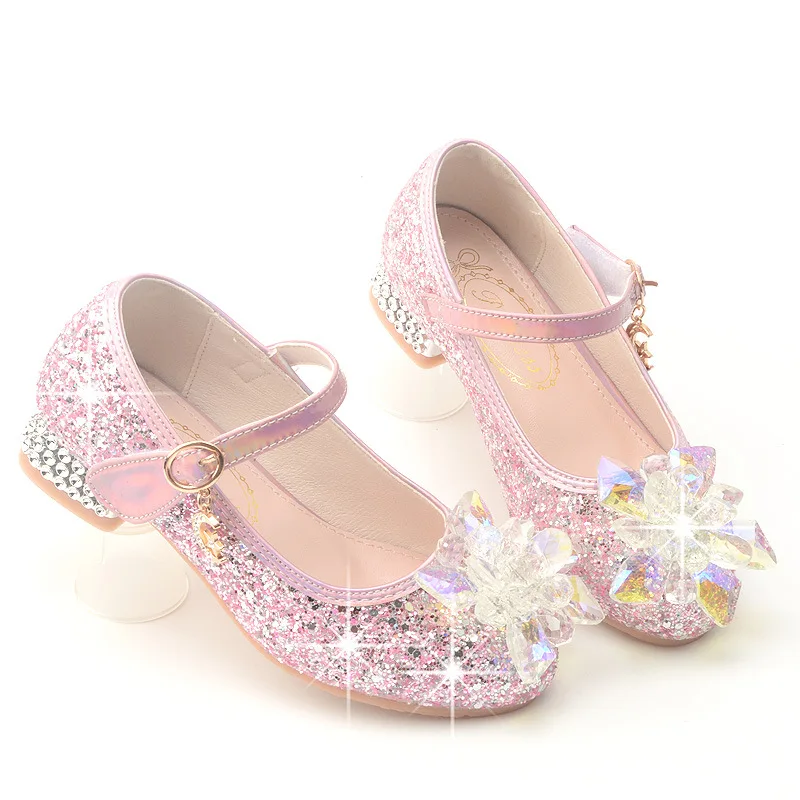 

New Children's High Heels Princess Dance Party Shoes Casual Glitter Girls' Flowers Sandals Soft Soled Kids Silver Leather Shoes