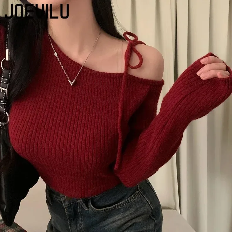 JOEVILU Slanted Collar Tied Irregular Pullover Women's Long Sleeved Knitted Tops Autumn Winter Korean Fashion Red Retro Sweaters 5