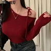 JOEVILU Slanted Collar Tied Irregular Pullover Women's Long Sleeved Knitted Tops Autumn Winter Korean Fashion Red Retro Sweaters 5