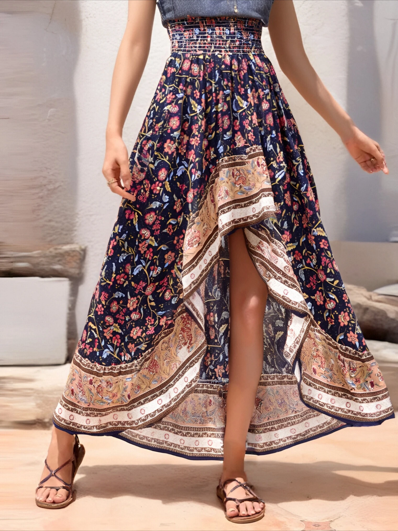 Chic Vintage Floral Bohemian High-Low Maxi Skirt