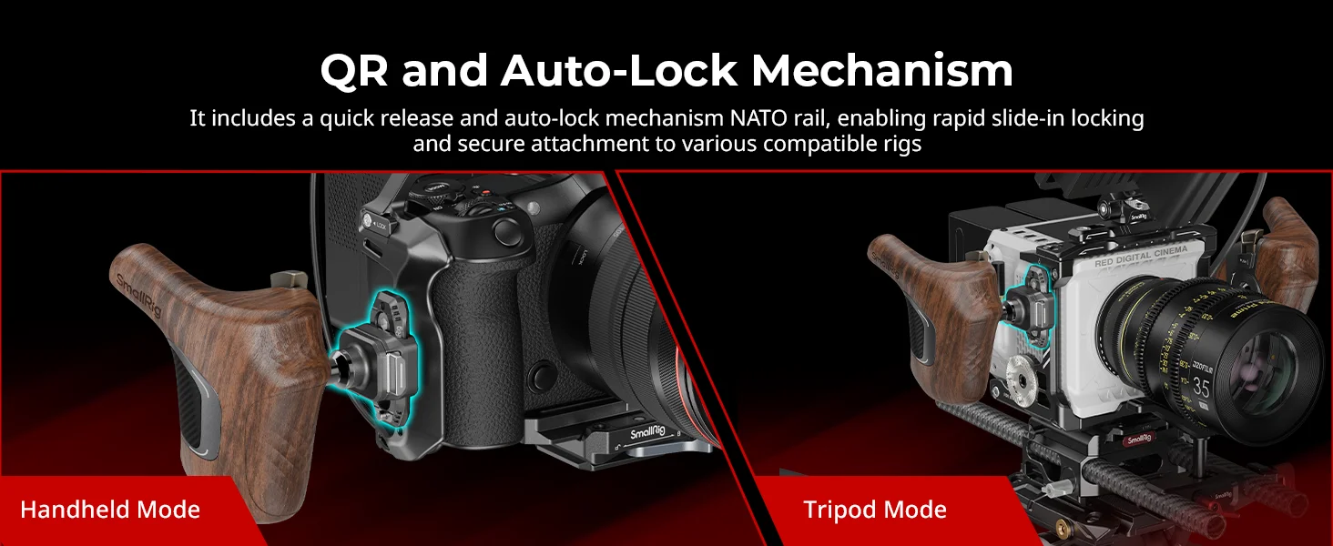 Rotating Right/Left-Side Wooden Handle w NATO Clamp for Camera/Monitor Cages & M