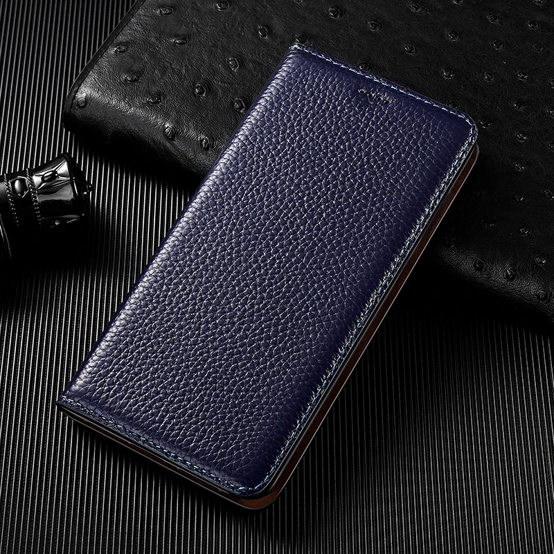 Litchi Pattern Genuine Leather Flip Phone Case - Stylish Protective Cover