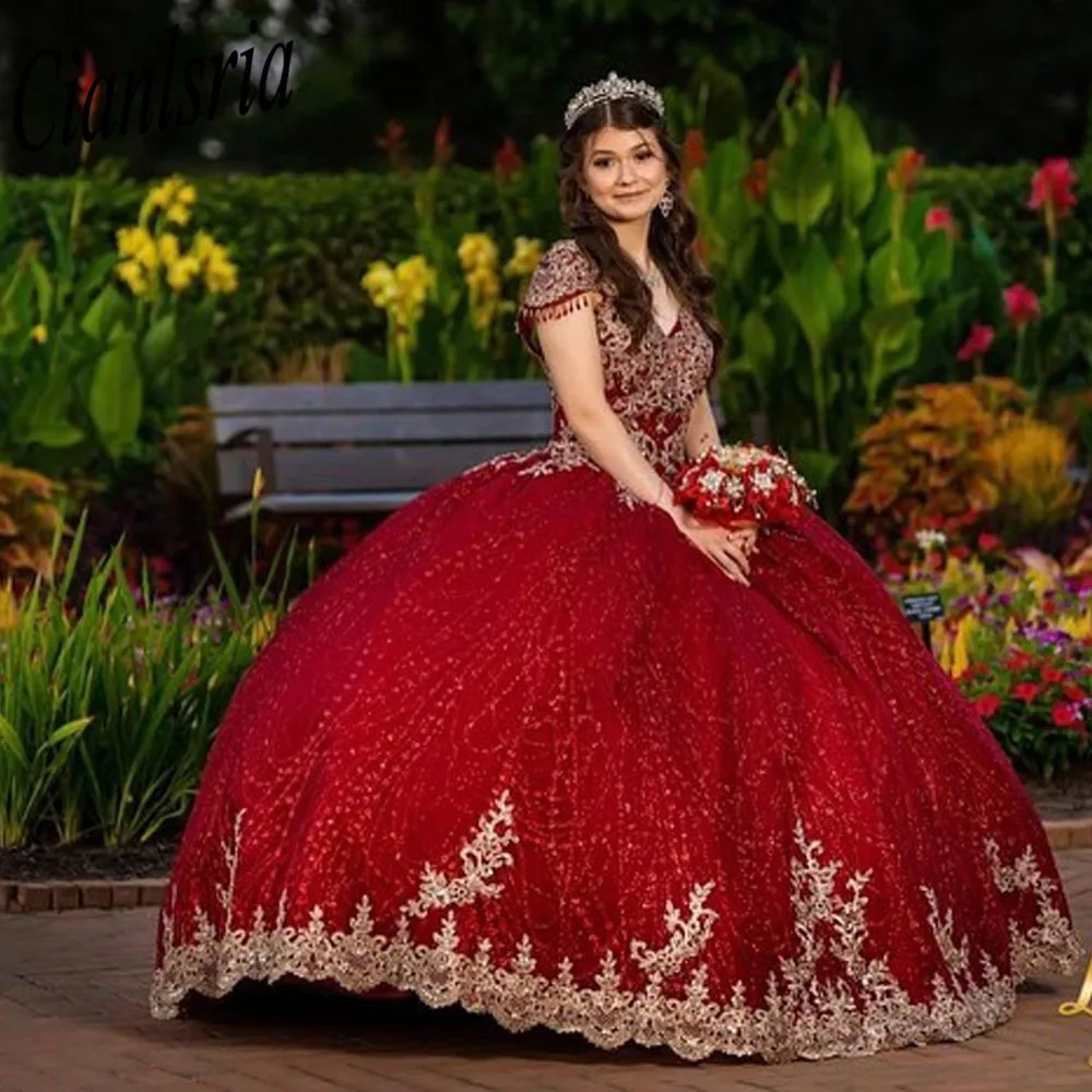 

Красные платья для Quinceanera, бальное платье с золотой аппликацией для мексиканских девушек на 16 лет, одежда для вечеринки, Индивидуальный размер, платья 15 Quinceañera