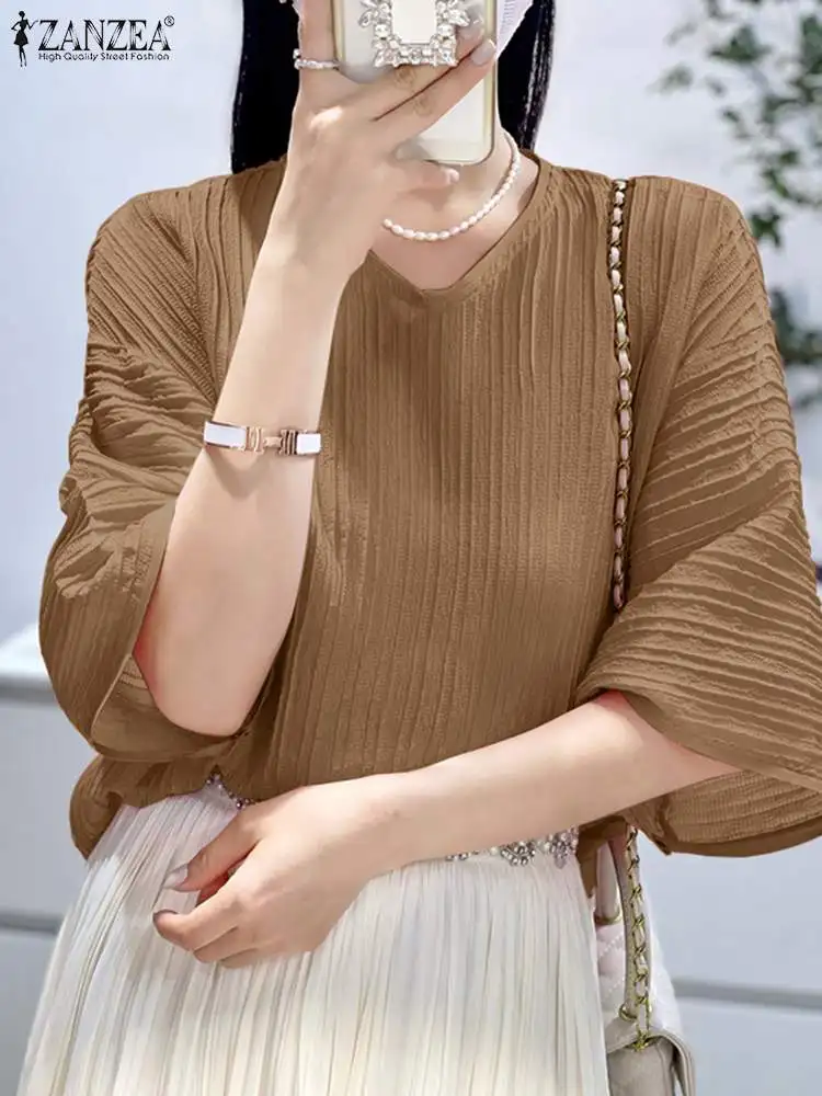 

2023 ZANZEA Woman Fashion Solid Tunic Tops Summer Elegant OL Shirt Femme 3/4 Sleeve V-Neck Blouse Casual Holiday Beach Chemise