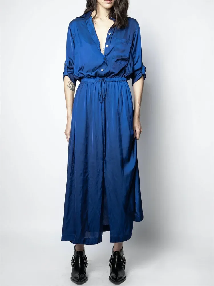 

Fashion Classic Trendy Luxury Designer Summer Viscose Slit Hem Elastic Waist Midi Solid Turn-Down Collar Female Robe Dress