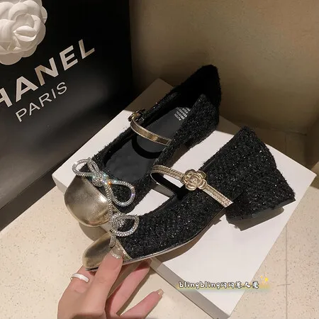 Genuine Leather Rhinestone Buckle with Thick Heels, Mary Jane Shoes, New Wedding Shoes 2024, Women's Head and Middle Heel Shoes