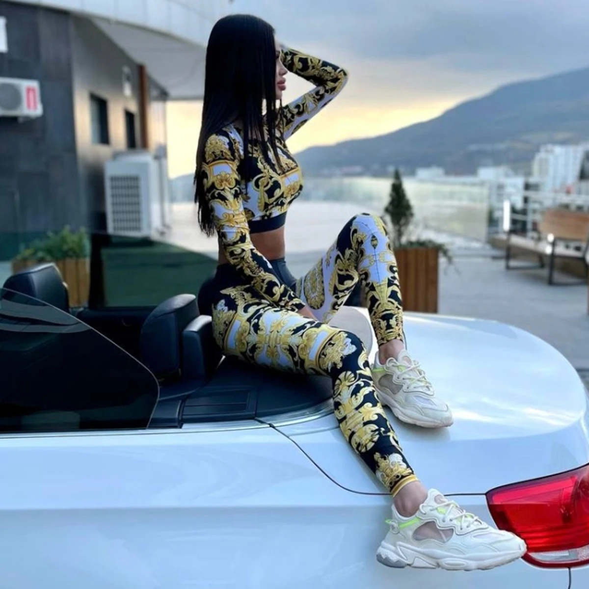 Modigirl Summer Stylish Printed Sports Suit For Women Long Sleeves Top High Waist Tight Fitting Sweatpants Fitness Set 2024 New