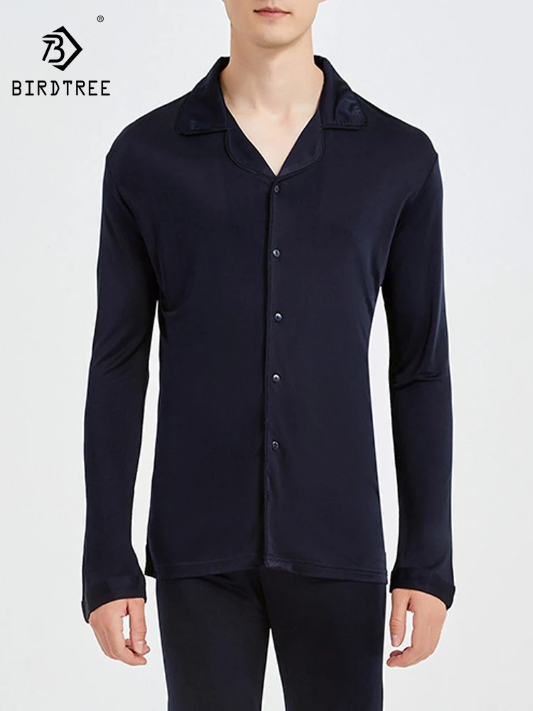 Birdtree 30MM Lapel Real Mulberry Silk Pajamas Set Men's Knitted Long Sleeve Comfortable Large Size Casual Home Clothes S41111QC