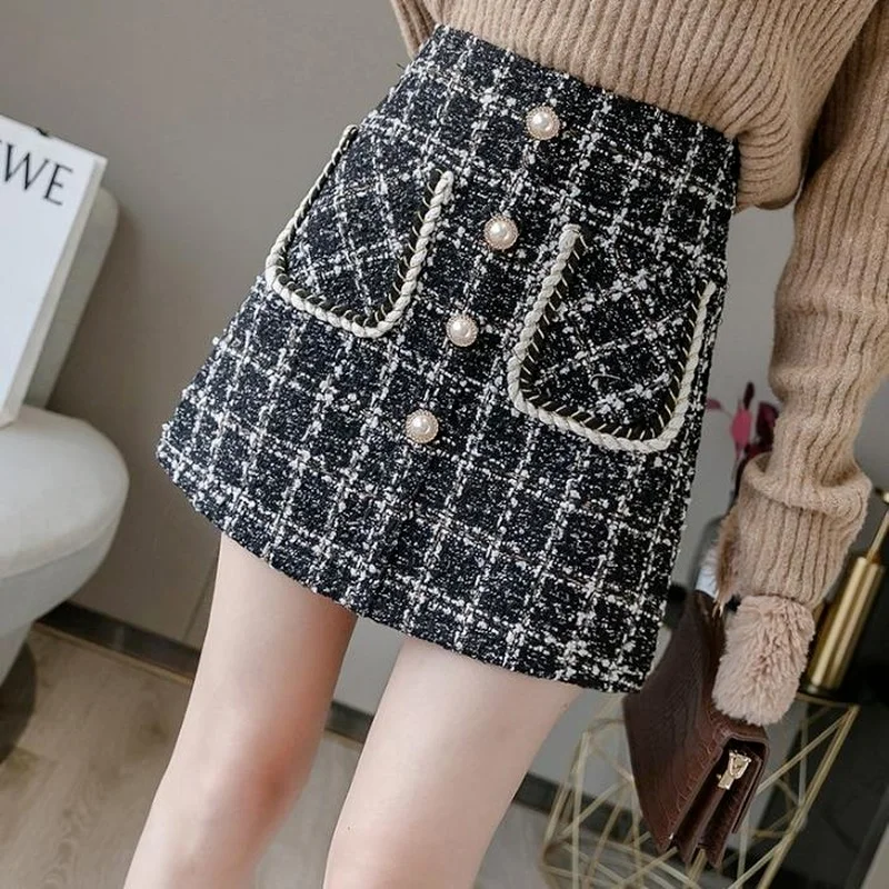 

2021 Autumn Winter New Women Tweed Skirts The Cover Hip Plaid Skirt Female High Waist A-line Office Lady Skirt