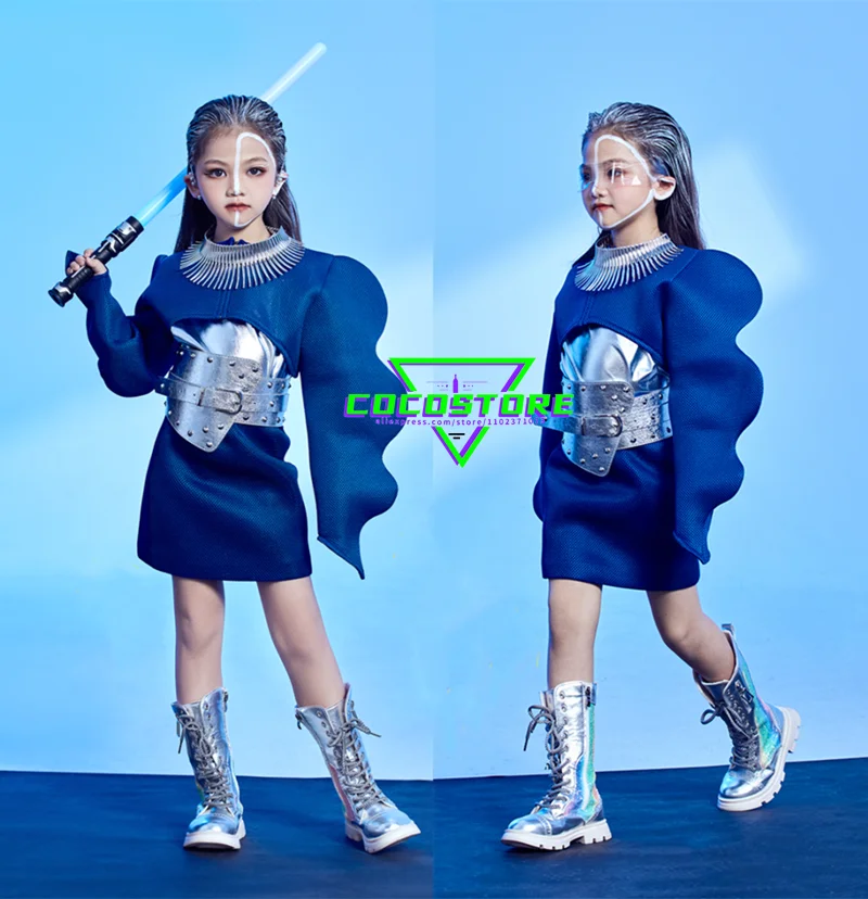 

Girls Hip Hop Street Dance Party Dress For Kids Girl Runway Wear Blue Jazz Dance Performance Suit Stage Show Dancewear