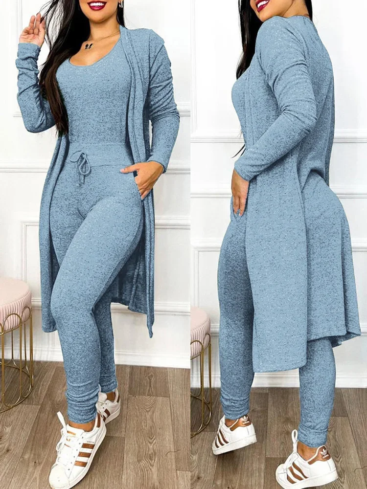 

Drawstring Pocket Design Jumpsuit & Coat Set Casual Women Two Piece Set
