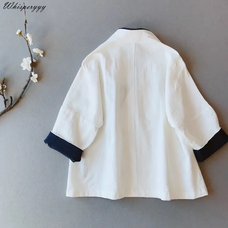 Chinese Style Retro Improved Hanfu Cotton and Linen Tie Cardigan Women's China Plate Buckle Top Zen Chinese Traditional Dress