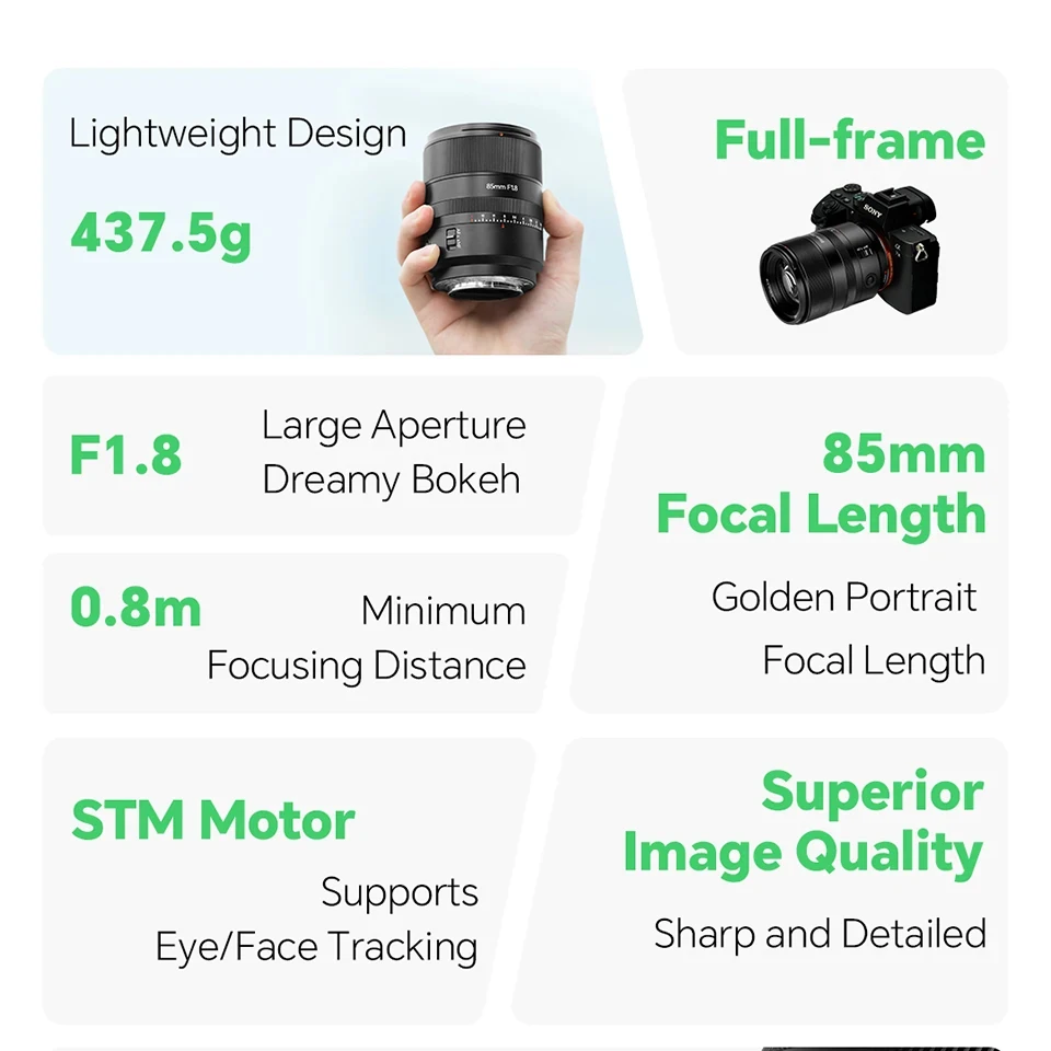 7Artisans AF 85mm F1.8 풀프레임 자동 초점 렌즈 대구경 인물 사진용 프라임 렌즈 A7III 니콘 ZFC 라이카 SL용